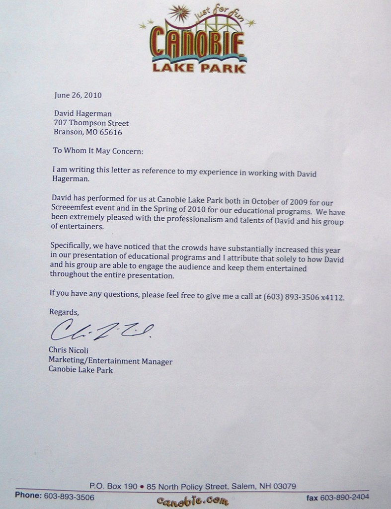 Canobie Lake Park, Salem, NH Reference Letter