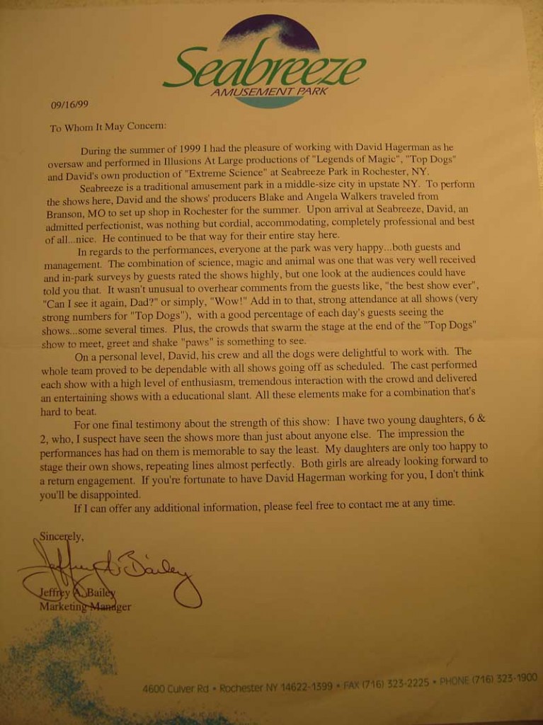 Seabreeze Amusement Park Reference Letter