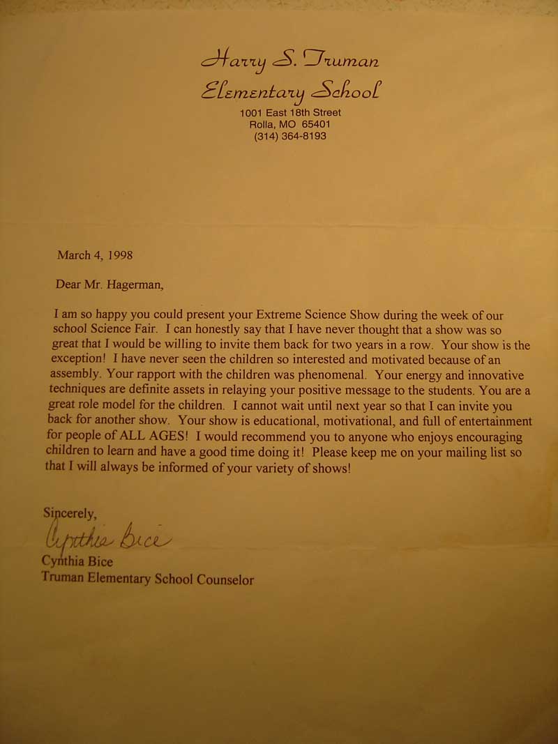 Harry S. Truman Elementary School Reference Letter